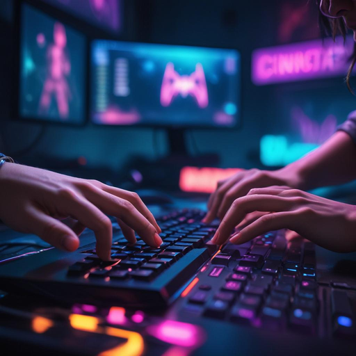 Neon Glow, Focused Hands: A Cyberpunk Typing Scene