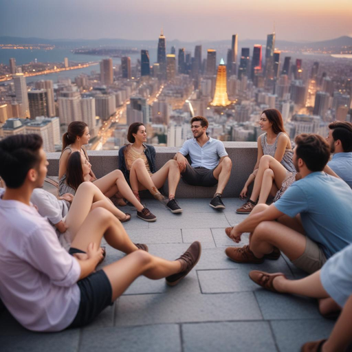 Sunset Cityscape: Friends Embrace the View