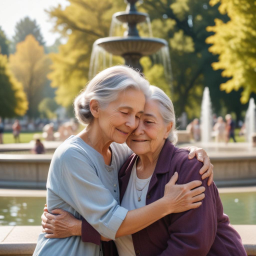 A Tender Embrace: Two Elderly Women Share a Moment of Joy in the Park