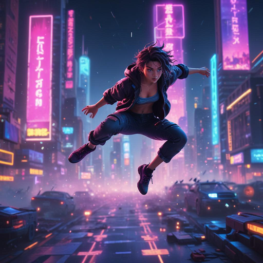 Neon City Leap: A Futuristic Action Shot