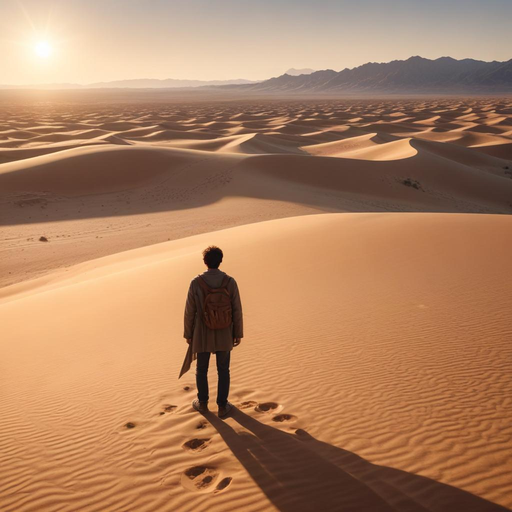 A Solitary Figure Contemplates the Vastness of the Desert at Sunset