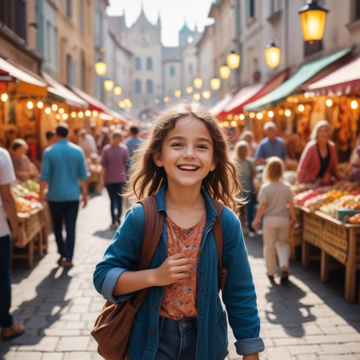 Joyful Market Stroll: A Young Girl’s Happy Day