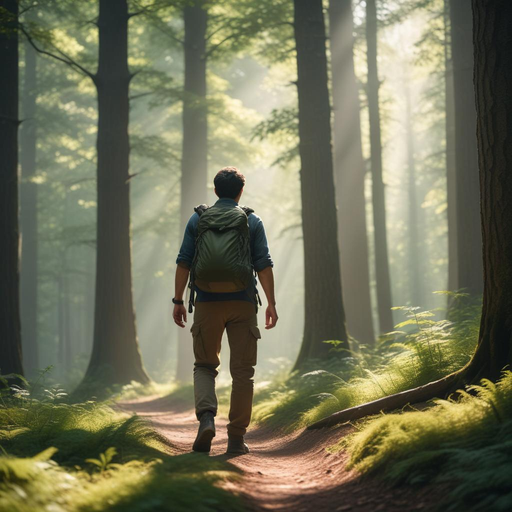 Lost in the Mist: A Solitary Figure Walks Through Sun-Dappled Woods