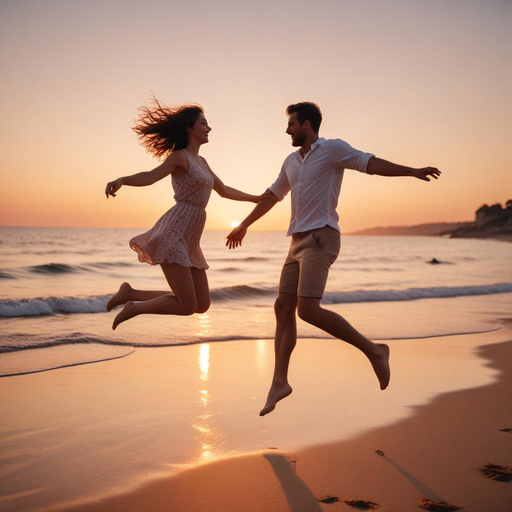 Silhouettes of Love: A Sunset Jump on the Beach