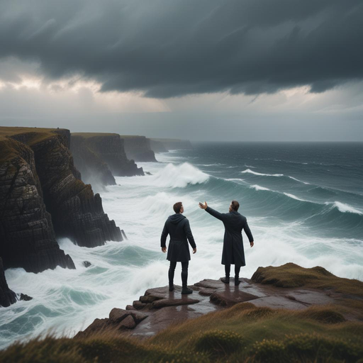 Silhouettes of Courage: Two Men Face the Stormy Sea