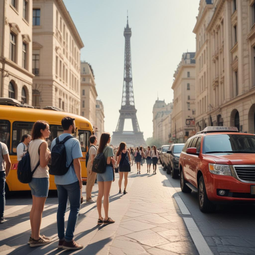 Parisian Charm: Eiffel Tower Gleams Over Bustling Street Scene