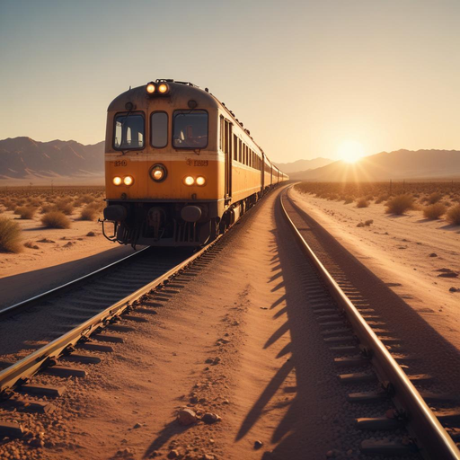 Sunset Solitude: A Train Disappears into the Desert