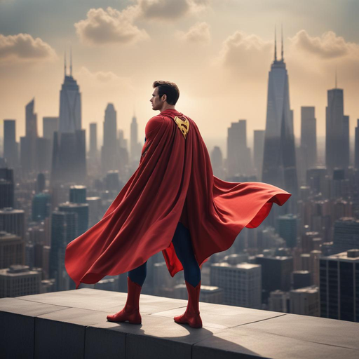 Superhero Stands Tall, Cape Flowing in the Wind