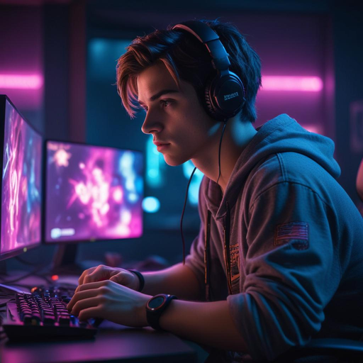 Neon Focus: A Young Man Immersed in the Digital World