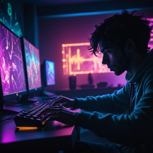 Neon Glow of Focus: A Young Man’s Intense Concentration