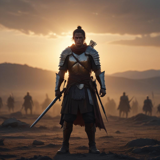 A Lone Warrior Stands Defiant Against the Setting Sun