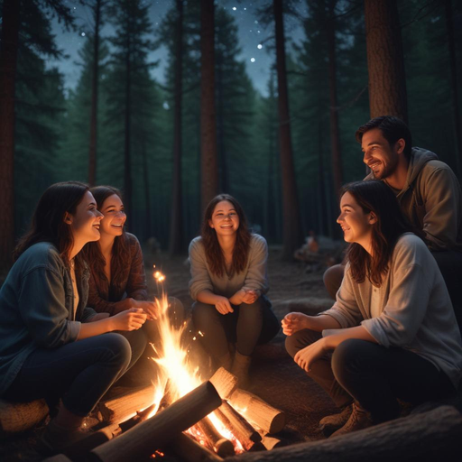 Campfire Glow: Friends Gather Under the Stars