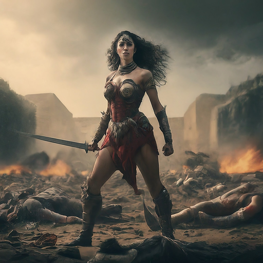 Wonder Woman Stands Victorious Amidst the Ruins of Battle