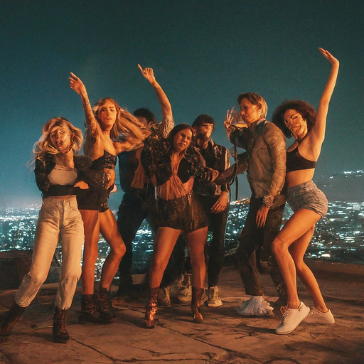 City Lights, City Smiles: Friends Celebrate on a Rooftop