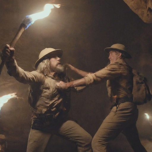 Clash in the Shadows: Explorers Battle in a Torched Cave