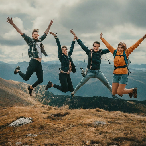 Friends Leap for Joy on Mountaintop Adventure