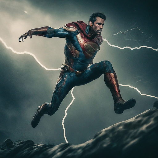 Superhero Soars Through Stormy Skies