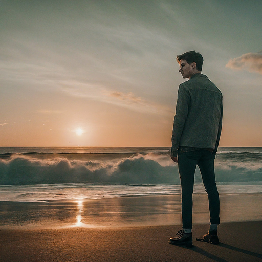 Solitude at Sunset: A Man Contemplates the Vastness of the Ocean