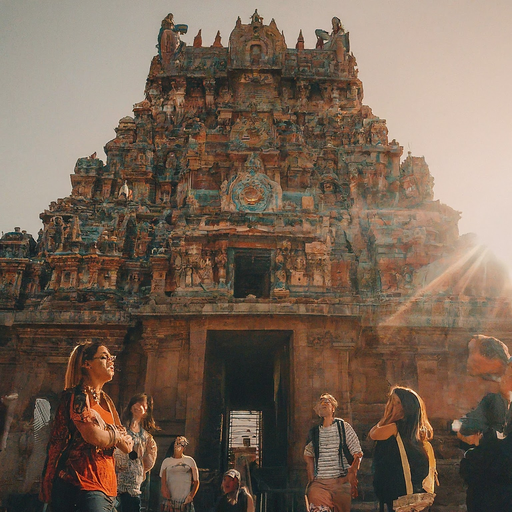 Sun-Kissed Majesty: Tourists Awestruck by Indian Temple’s Grandeur