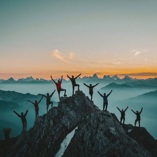 Silhouetted Triumph: Hikers Celebrate Sunrise on Mountain Peak