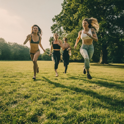 Sun-Kissed Laughter and Freedom: Four Friends Embrace the Joy of Running