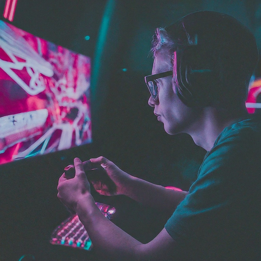 Lost in the Glow: A Gamer’s Intense Focus Under Neon Lights