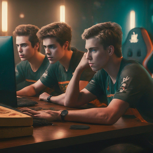 Focused and Competitive: Three Young Men Locked in a Digital Battle