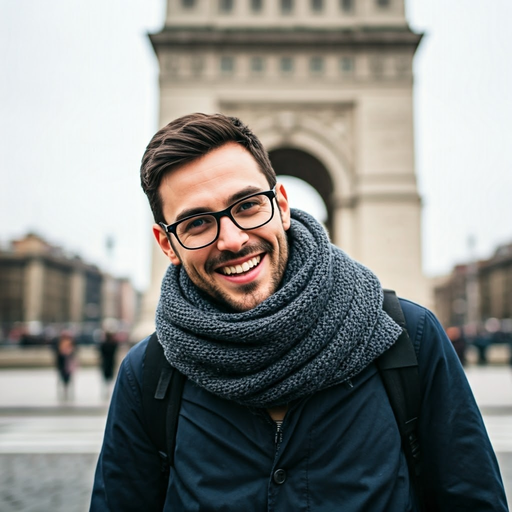 Parisian Joy: A Man Smiles Before the Arc de Triomphe