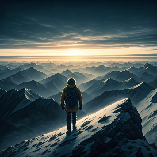 Sunrise Solitude: A Lone Figure Contemplates the Majestic Peaks