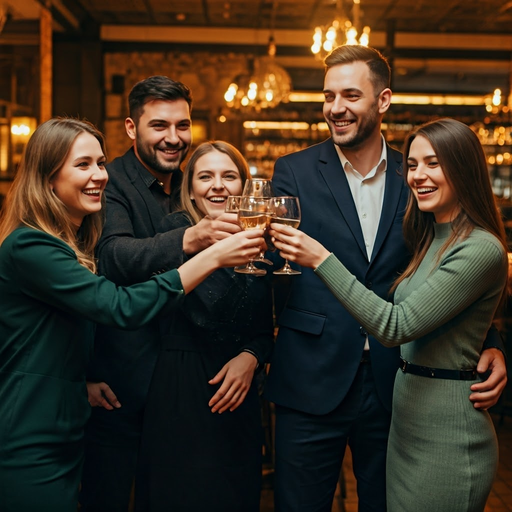 Friends Toast to Good Times in Warmly Lit Setting