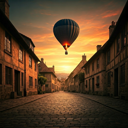 Whimsical Sunset Over a Cobblestone Street