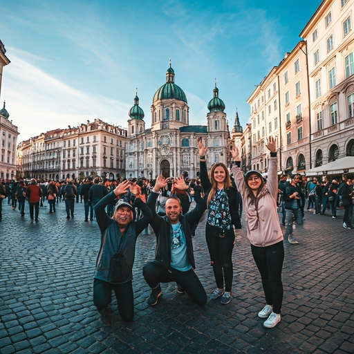 Friends Strike a Pose in Front of a Majestic European Church