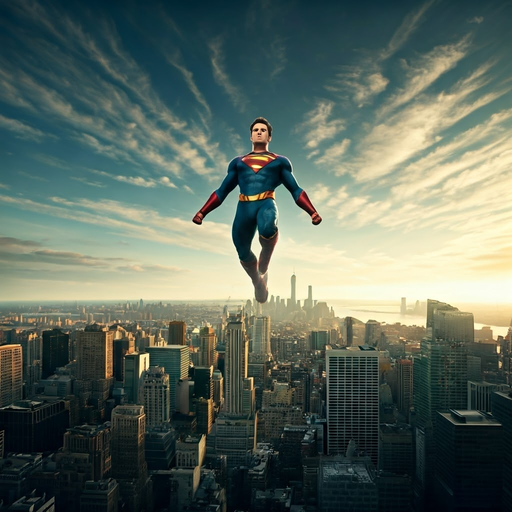 Soaring Above the City: A Superhero’s Sunset Triumph