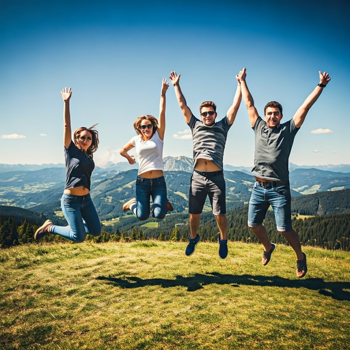 Friends Leap for Joy Against Majestic Mountains