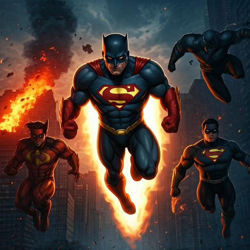 Superheroes Soar Through Blazing Cityscape