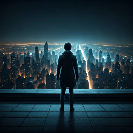 Silhouette of Solitude: A Figure Contemplates the City Lights