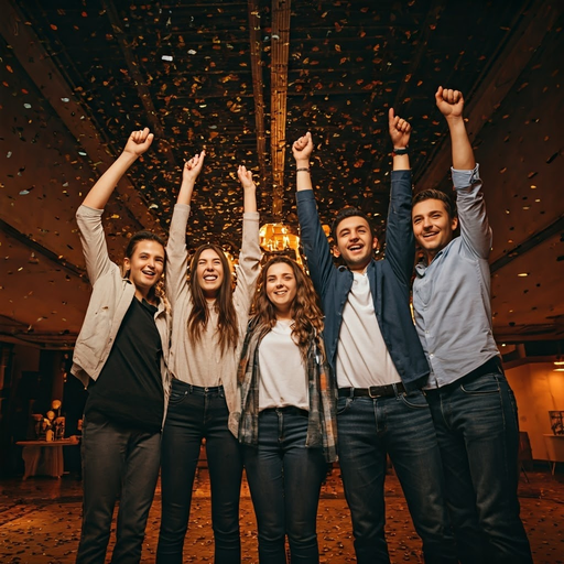 Confetti Celebration: Friends Capture Joy in Dimly Lit Room