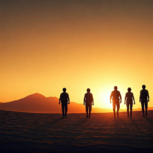 Silhouettes of Hope: Five Figures Walk Towards the Setting Sun