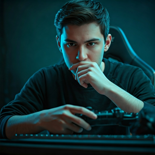 Blue Light Focus: Gamer Immersed in the Game