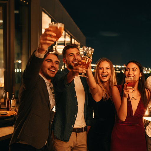 Friends Celebrate with City Lights as Their Backdrop