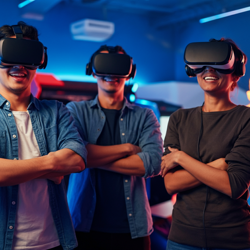 VR Fun: Smiles and Excitement in a Neon-Lit Arcade