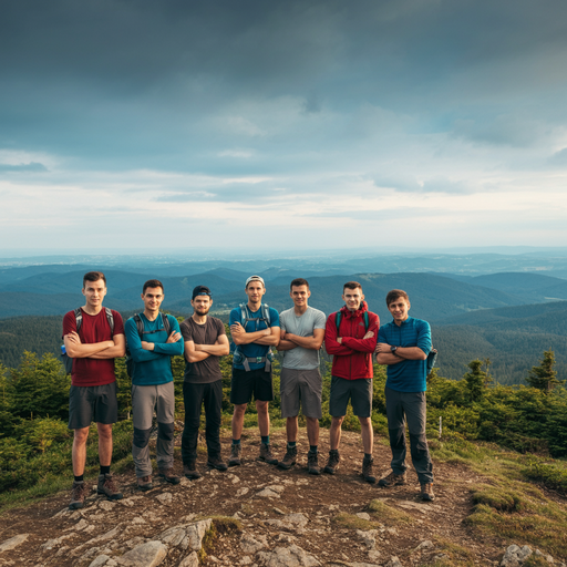 Conquering the Peak: Eight Friends Celebrate a Majestic Sunset