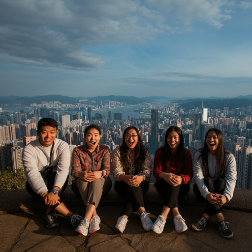 Friends Embrace the City Skyline in a Moment of Joy and Wonder