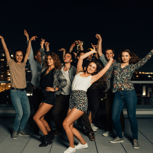 Rooftop Revelry: Young Friends Dance the Night Away