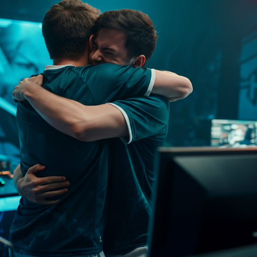 Triumphant Embrace: Two Friends Celebrate Success in a Vibrant Room