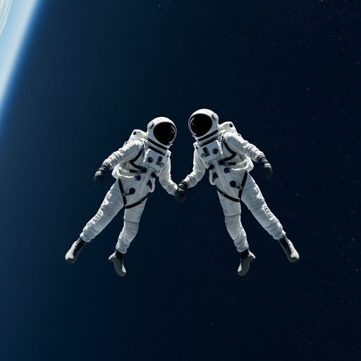 Two Astronauts, Hand in Hand, Against the Immensity of Space