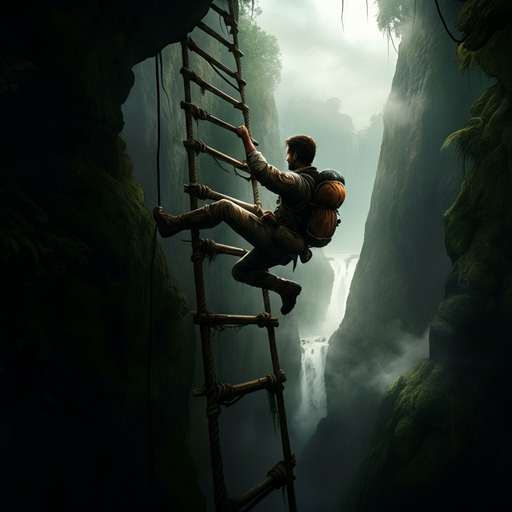 Precarious Ascent: A Man’s Daring Climb Through a Misty Canyon