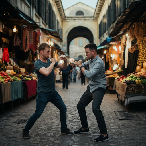 Clash in the Market: Two Men Face Off in a Narrow Street