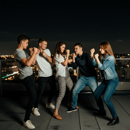 Rooftop Showdown: Friends Engage in Playful Battle Under the City Lights