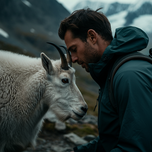 A Moment of Connection: Man and Mountain Goat Share a Nose Touch